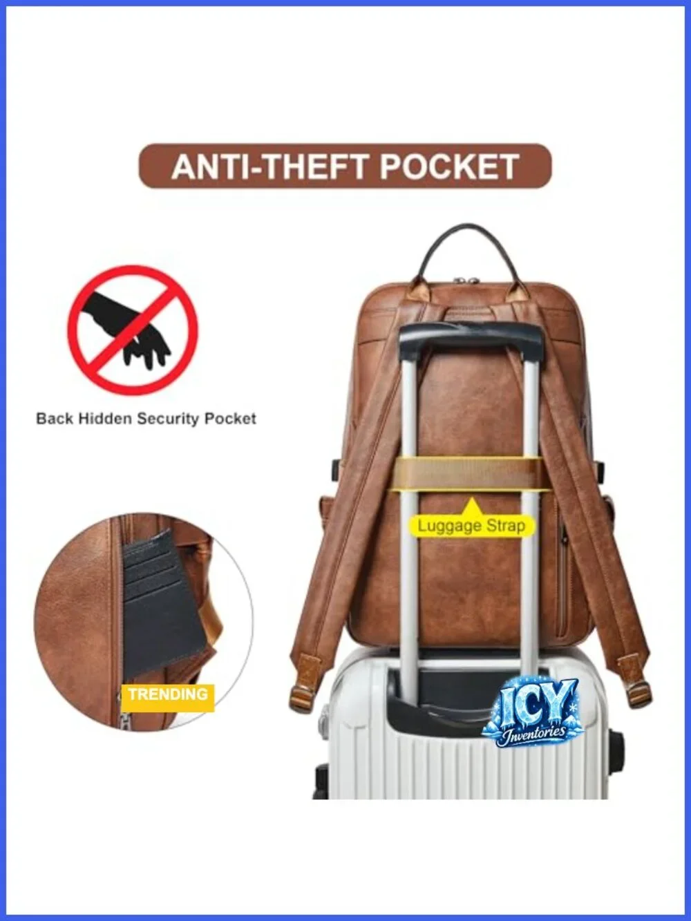 Vegan Leather Laptop Backpack with Anti-Theft Pocket and Tumbler Holder